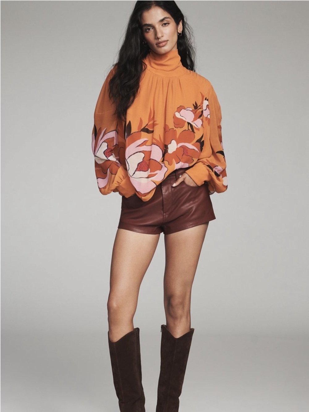 FARM Rio Orange Floral High-Neck Blouse